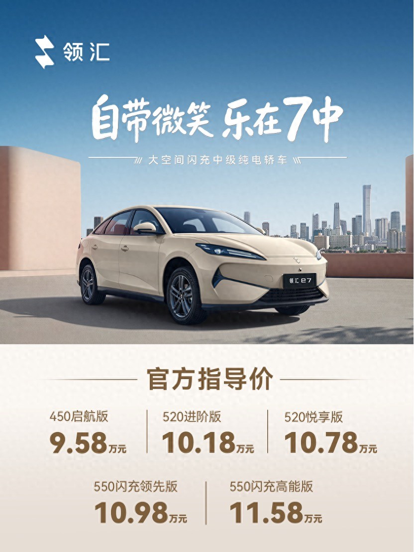 领汇e7上市9.58万起售，搭载第二代刀片电池及闪充技术
