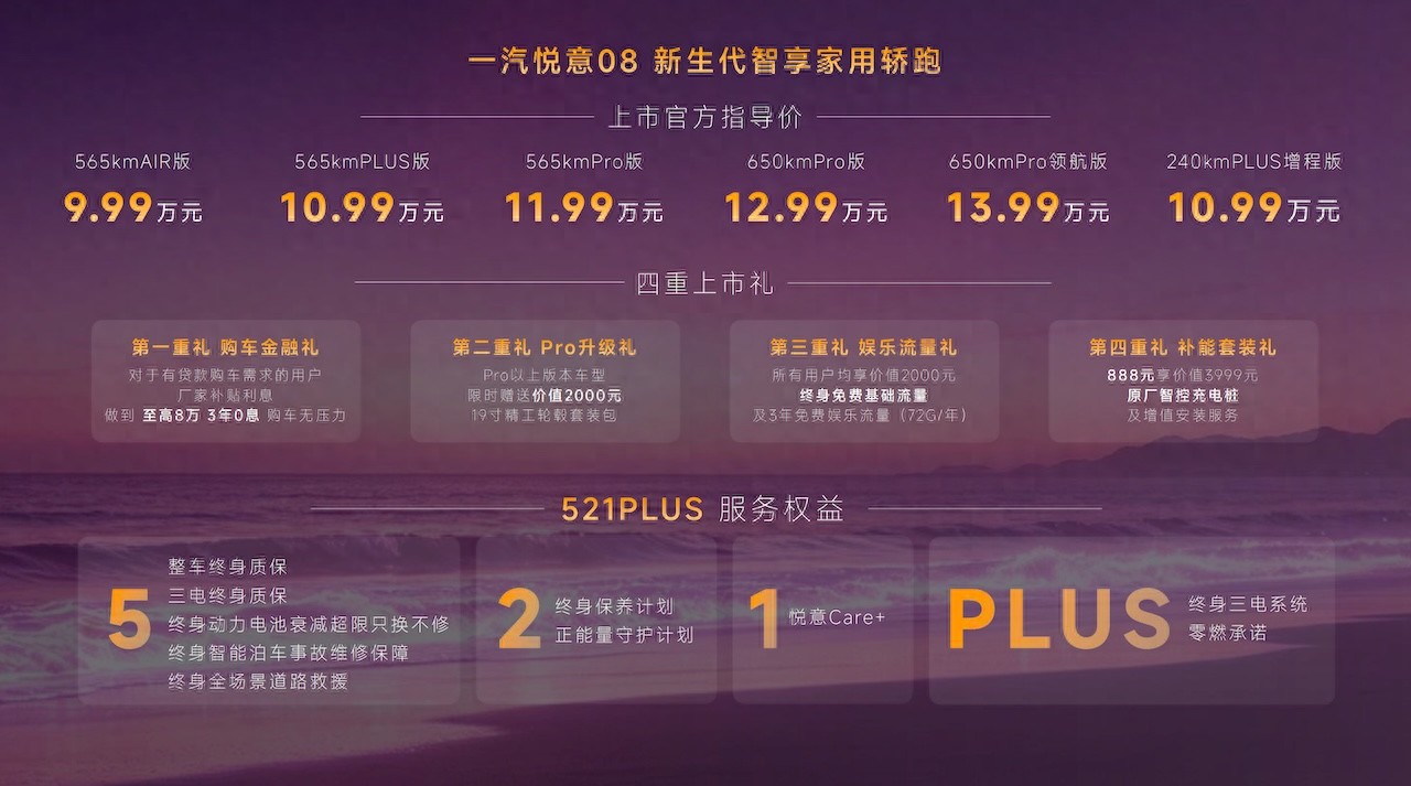 新生代智享家用轿跑9.99万元起售 中国一汽悦意08上市