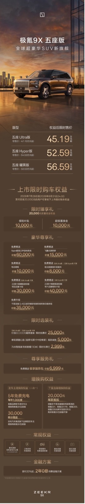 限时售价45.19万元起，极氪9X五座版上市